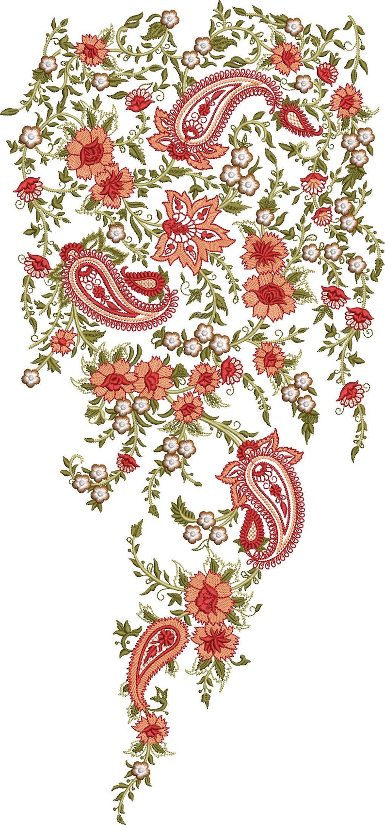 May include: An intricate floral design featuring paisley shapes and various flowers in shades of red, orange, and white, with green leaves and stems. The design is set against a white background.