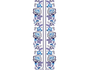Blue White Rose Split Neckline Embroidery Design, Floral Kurti Neck Pattern (EMB DST)