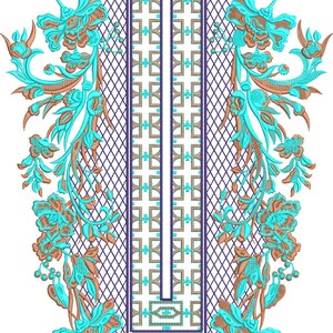 May include: An embroidered design featuring a floral pattern in teal and brown hues. The design includes a central panel with geometric patterns and a neckline shape, suitable for apparel or textile applications.
