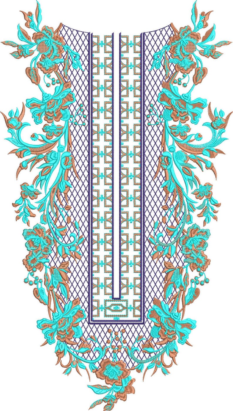 May include: An embroidered design featuring a floral pattern in teal and brown hues. The design includes a central panel with geometric patterns and a neckline shape, suitable for apparel or textile applications.