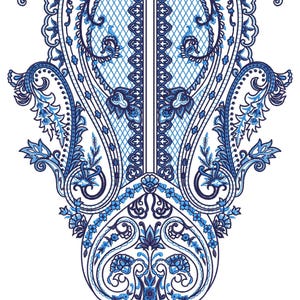 May include: Detailed blue and white floral embroidery design. The symmetrical pattern features intricate paisley and floral motifs, with a central lattice design. The color palette includes shades of blue and white, creating a delicate and ornate aesthetic.