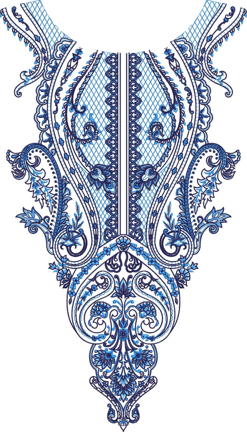 May include: Detailed blue and white floral embroidery design. The symmetrical pattern features intricate paisley and floral motifs, with a central lattice design. The color palette includes shades of blue and white, creating a delicate and ornate aesthetic.