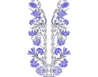 Royal Blue Floral V-Neck Embroidery Machine Design, Elegant Botanical Kurti Neck Pattern, Pakistani Neckline EMB DST File