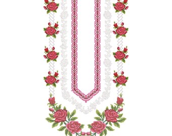 Pink Rose Geometric Embroidery Design, Split Neckline Kurti Pattern (EMB, DST)