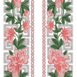 May include: Embroidered floral design featuring pink flowers, green leaves, and a central vertical pattern. The design includes a geometric border and a repeating pattern of pink and white elements. Ideal for fabric embellishment.