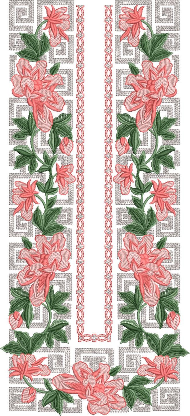 May include: Embroidered floral design featuring pink flowers, green leaves, and a central vertical pattern. The design includes a geometric border and a repeating pattern of pink and white elements. Ideal for fabric embellishment.