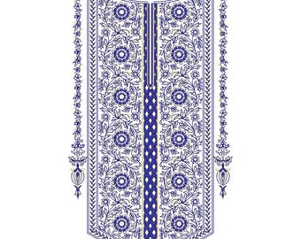 Royal Blue Floral Split Neckline Embroidery Design, Vintage Botanical Kurti Neck Pattern (EMB DST)