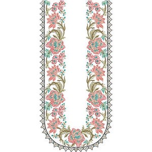 May include: Floral embroidery design in a U-shape, featuring pink and teal flowers with green leaves and stems. The design is bordered by a black lace trim, creating a decorative and elegant pattern.