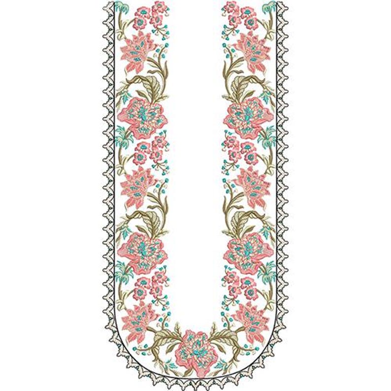May include: Floral embroidery design in a U-shape, featuring pink and teal flowers with green leaves and stems. The design is bordered by a black lace trim, creating a decorative and elegant pattern.
