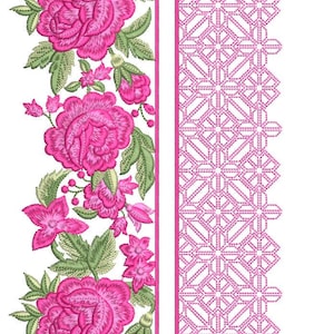 May include: A detailed embroidery design featuring vibrant pink roses and floral elements with green leaves. The design includes a geometric pattern on the right side and a central vertical stripe, all set against a white background.