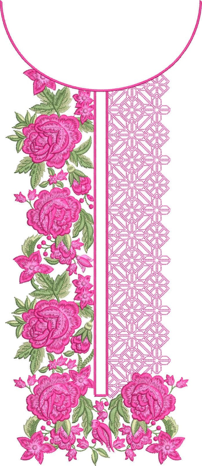 May include: A detailed embroidery design featuring vibrant pink roses and floral elements with green leaves. The design includes a geometric pattern on the right side and a central vertical stripe, all set against a white background.