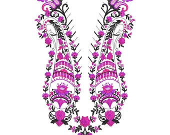 Magenta Paisley Floral V-Neck Embroidery Machine Design, Elegant Pakistani Kurti Neck Pattern, Decorative Neckline EMB DST File