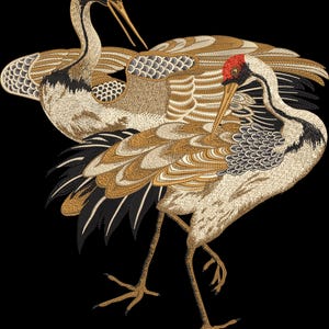 May include: Two embroidered cranes with detailed feathers in shades of brown, black, and white. The cranes have red beaks and are facing each other.