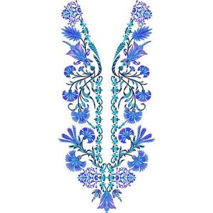 May include: A symmetrical floral design in shades of blue and teal, featuring stylized flowers and leaves. The design is detailed with intricate patterns and a gradient effect, creating a textured appearance. The artwork is set against a white background, highlighting the vibrant colors.