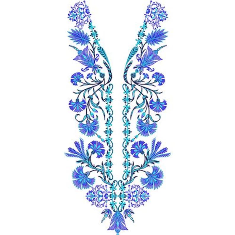 May include: A symmetrical floral design in shades of blue and teal, featuring stylized flowers and leaves. The design is detailed with intricate patterns and a gradient effect, creating a textured appearance. The artwork is set against a white background, highlighting the vibrant colors.