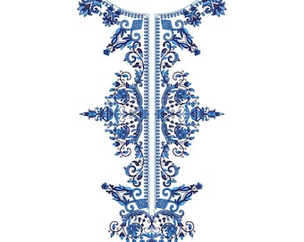 Royal Blue Floral Split Neckline Embroidery Machine Design, Elegant Pakistani Kurti Neck Pattern, Vintage Botanical EMB DST File
