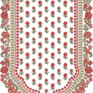 May include: An embroidered design featuring a white background with a repeating pattern of small red flowers. The design is framed by a border of red and green floral elements and decorative trim. The overall aesthetic is ornate and detailed.