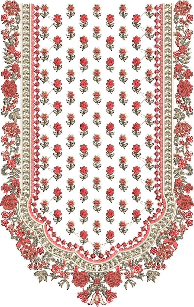 May include: An embroidered design featuring a white background with a repeating pattern of small red flowers. The design is framed by a border of red and green floral elements and decorative trim. The overall aesthetic is ornate and detailed.