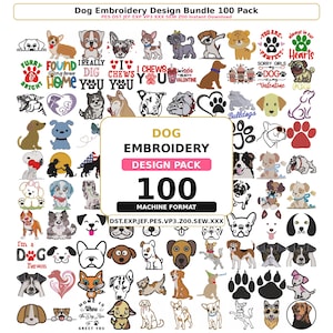 Puede incluir: Un paquete de 100 diseños de bordado de perros que presentan varias razas, huellas de patas y frases como "I chews you". La imagen incluye el texto "Dog Embroidery Design Pack". Los diseños son de varios estilos y colores.