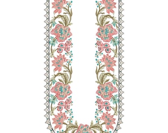 Elegant Floral U-Neck Embroidery Machine Design, Vintage Flower Neckline Border Pattern, Pakistani Kurti Neck EMB DST File
