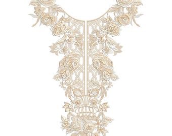Beige Rose Split Neckline Embroidery Design, Vintage Floral Kurti Neck Pattern (EMB DST)