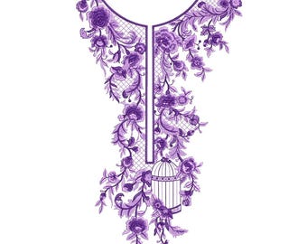 Purple Floral Neckline Embroidery Design, Vintage Bird Cage EMB DST File