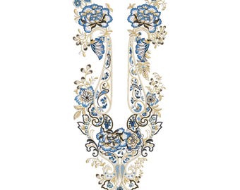 Royal Blue Floral Paisley V-Neck Embroidery Machine Design, Elegant Pakistani Kurti Neck Pattern, Vintage Neckline EMB DST File