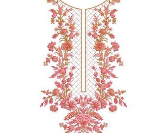 Elegant Pink Floral Split Neckline Embroidery Machine Design, Vintage Rose Kurti Neck Pattern, Pakistani Botanical Neck EMB DST File