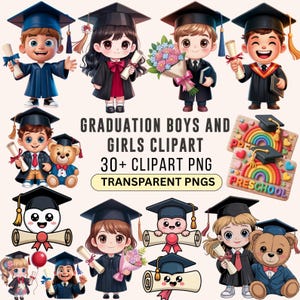 30 Graduierung Jungen und Mädchen Clipart, Vorschul-Abschluss, Graduierung Kinder, Abschlusskappe, Graduierung, Abschlusskappe, Graduierung für Kinder