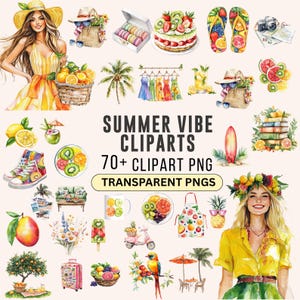 Aquarel zomerse sfeer clipart, vruchtbare png, kleurrijke zomer, leuke clipart, junkjournal, digitale stickers, plakboek, sappige tropische png