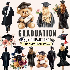 Paquete de imágenes prediseñadas de chica graduada, ilustraciones de mujeres graduadas, chica graduada png, graduación png, birrete de graduación, birrete, toga, diploma, flor png