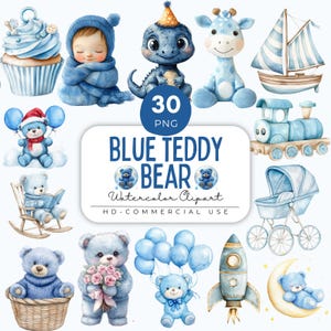 100 Blue Teddy Bear Watercolor Clipart, Blue Baby Shower Clipart, Boy Clipart Nursery png, Gender Reveal png, Sleeping Teddy Bear bundle