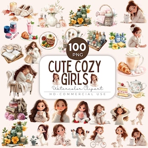 Lot de 100 filles confortables, clipart amour de soi, aquarelle confortable soins personnels, clipart amour de soi, cuisine confortable png, jolie fille, spa png, téléchargement numérique
