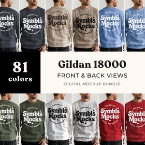 Puede incluir: Un paquete de maquetas digitales con sudaderas Gildan 18000 en varios colores. La imagen muestra vistas frontal y trasera de las sudaderas, mostrando el diseño "Symbls Mocks". El texto indica que hay 81 opciones de color.