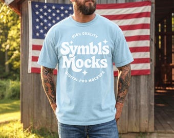 Comfort Colors C1717 Chambray T-shirt heren Mockup America 250 Patriotic 4 juli Manly Outdoor