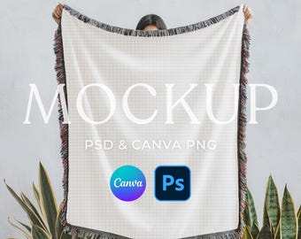 Woven Blanket Mockup: Boho Throw, Canva PNG, Photoshop PSD (Digital Download)