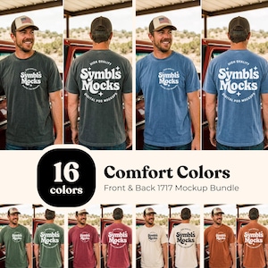 Könnte beinhalten: Ein Mockup-Bundle mit 16 Comfort Colors T-Shirts in verschiedenen Farbtönen. Jedes Shirt zeigt das Logo "Symbls Mocks" auf der Vorder- und Rückseite. Das Bild zeigt einen Mann mit Baseballkappe und T-Shirt.