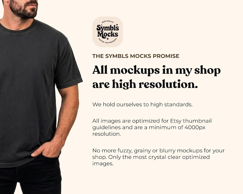 May include: A person wearing a dark gray t-shirt and black pants. The image includes text that reads "All mockups in my shop are high resolution."