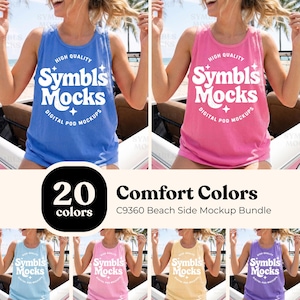 Pode incluir: Um pacote de mockups com camisetas sem mangas em várias cores, incluindo azul, rosa, amarelo e roxo. Cada camiseta sem mangas exibe o logotipo "Symbls Mocks" com os textos "High Quality" e "Digital Pod Mockups". A imagem também inclui o texto "20 Comfort Colors".