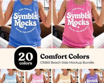 Paquete de maquetas de camisetas sin mangas Comfort Colors C9360 para la playa: 20 colores. Plantilla para modelo femenina de verano.