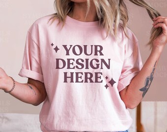 Bella Canvas 3001 Soft Pink T-Shirt Mockup: Woman Model (Digital Download)