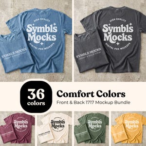 May include: A mockup bundle of t-shirts in various colors, including blue, gray, burgundy, white, green, and yellow. Each shirt displays the "Symbls Mocks" logo on the front and back. The image also includes the text "36 Comfort Colors Front & Back 1717 Mockup Bundle."