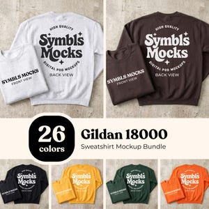 Peut inclure: Un ensemble de maquettes de sweat-shirts Gildan 18000 dans diverses couleurs comme le gris clair, le marron foncé, le noir, le jaune, le vert et l'orange. Chaque ensemble montre une vue avant et arrière avec le texte Symbl's Mocks et High Quality Digital POD Mockups.