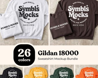 Front and Back Gildan 18000 Flatlay Sweatshirt Mockup Bundle: 26 Colors (Digital Download)