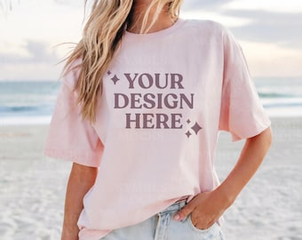 Soft Pink Bella Canvas 3001 T-Shirt Mockup: Beach Vibes (Digital Download)