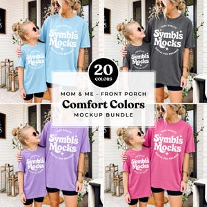 May include: A mockup bundle showcasing t-shirts in shades like blue, grey, purple, and pink. The shirts are printed with "Symbls Mocks" and "Digital Pod Mockups." The image also includes the text "20 COLORS" and "MOM & ME - FRONT PORCH Comfort Colors MOCKUP BUNDLE."