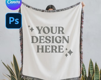 Mockup di coperta tessuta: coperta boho, Canva PNG, Photoshop PSD (download digitale)