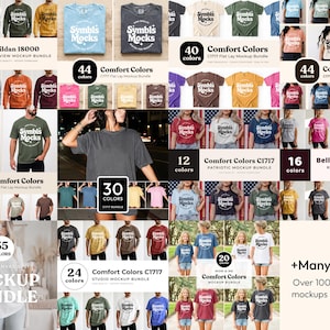 May include: A collection of t-shirt mockups in various colors and styles, including Gildan 18000, Comfort Colors, and Bella Canvas. The image showcases multiple bundles with different color options and mockup styles, with text overlays indicating the number of colors and mockup details.