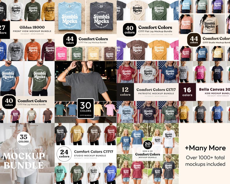 May include: A collection of t-shirt mockups in various colors and styles, including Gildan 18000, Comfort Colors, and Bella Canvas. The image showcases multiple bundles with different color options and mockup styles, with text overlays indicating the number of colors and mockup details.