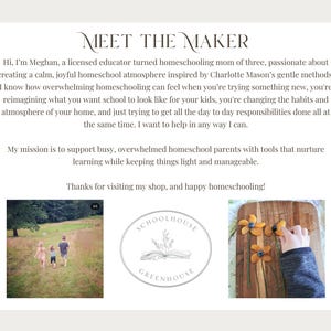 K&ouml;nnte beinhalten: Das Bild zeigt den Text &bdquo;MEET THE MAKER&ldquo; und eine Nachricht von Meghan, einer Homeschooling-Mutter. Es enth&auml;lt auch ein Logo und zwei Fotos: eines von einer Familie, die spazieren geht, und ein weiteres von einem Holzbrett mit bl&uuml;tenf&ouml;rmigen Lebensmitteln.